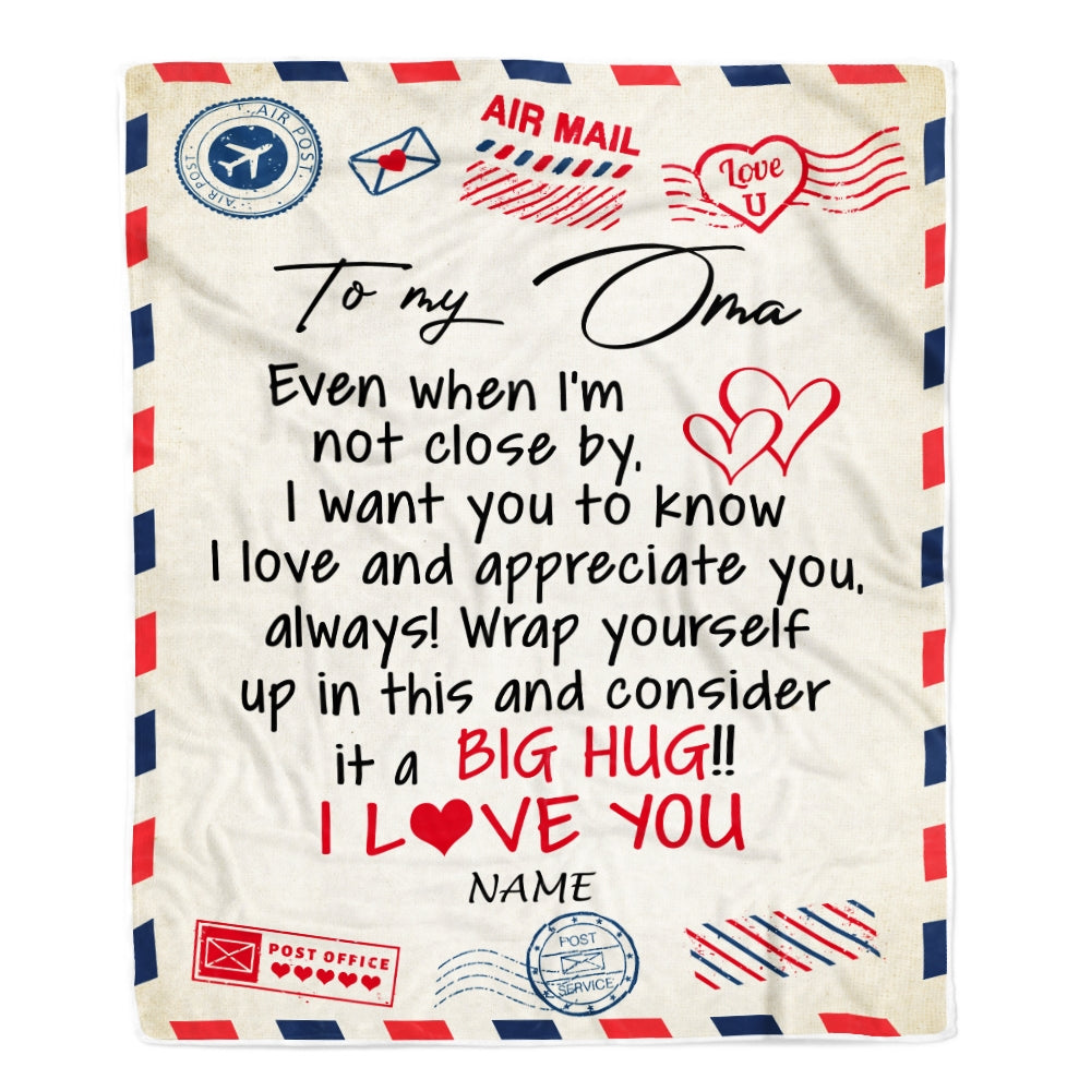 Personalized Oma Blanket From Grandkids I Love You Hugs Air Mail Letter Oma Birthday Mothers Day Christmas Customized Fleece Blanket | siriusteestore