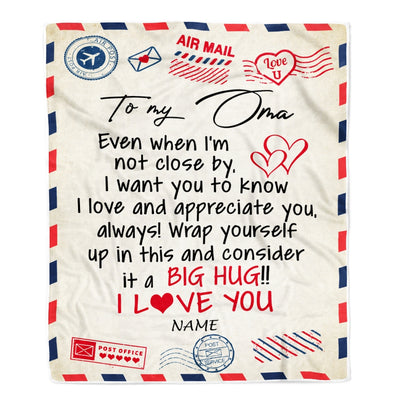 Personalized Oma Blanket From Grandkids I Love You Hugs Air Mail Letter Oma Birthday Mothers Day Christmas Customized Fleece Blanket | siriusteestore
