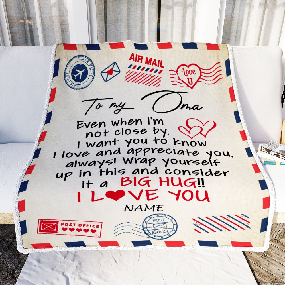 Personalized Oma Blanket From Grandkids I Love You Hugs Air Mail Letter Oma Birthday Mothers Day Christmas Customized Fleece Blanket | siriusteestore