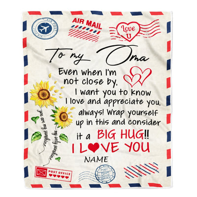 Personalized Oma Blanket From Grandkids Love Big Hug Air Mail Letter Sunflower Oma Birthday Mothers Day Christmas Customized Fleece Throw Blanket | siriusteestore