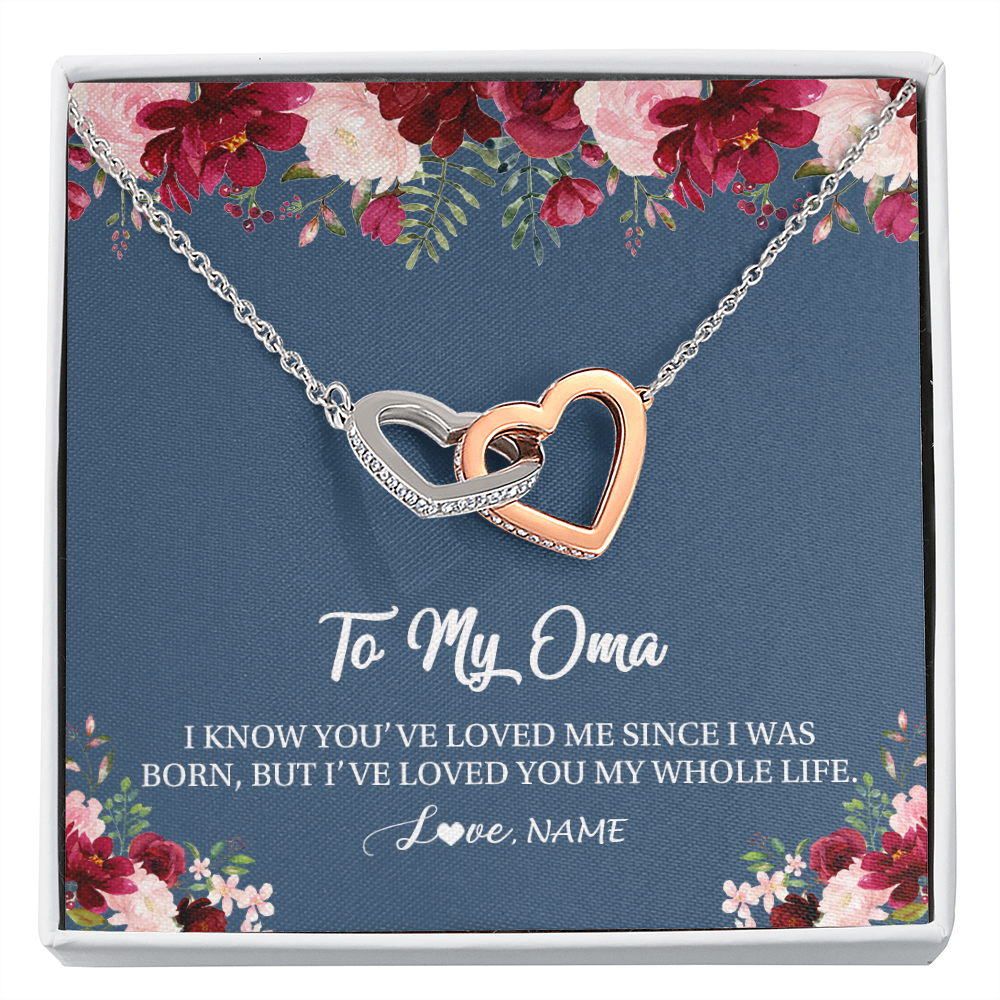 Interlocking Hearts Necklace | Personalized Oma Necklace From Grandkids Granddaughter Grandson I've Loved You My Whole Life Floral Oma Birthday Mothers Day Christmas Customized Message Card | siriusteestore