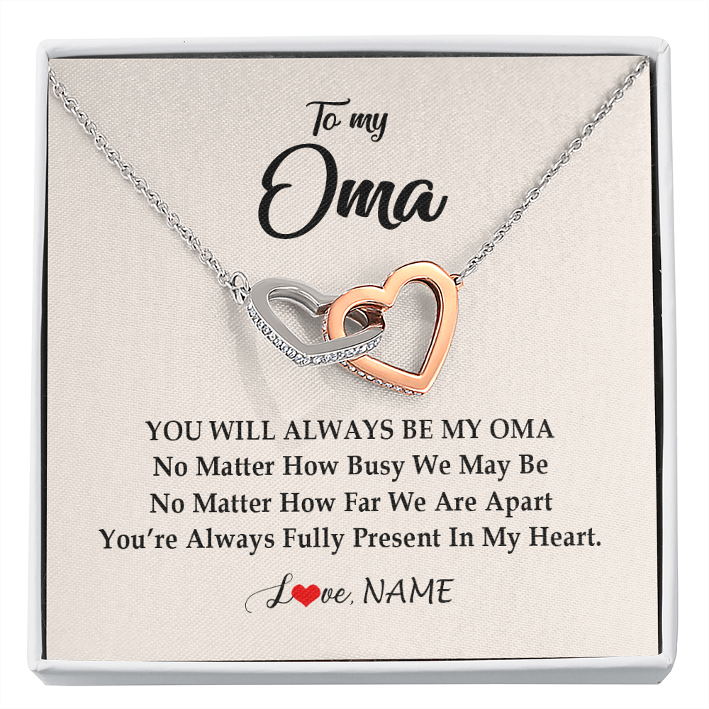 Interlocking Hearts Necklace | Personalized Oma Necklace From Grandkids Granddaughter Grandson You're Always In My Heart Oma Birthday Mothers Day Christmas Customized Gift Box Message Card | siriusteestore