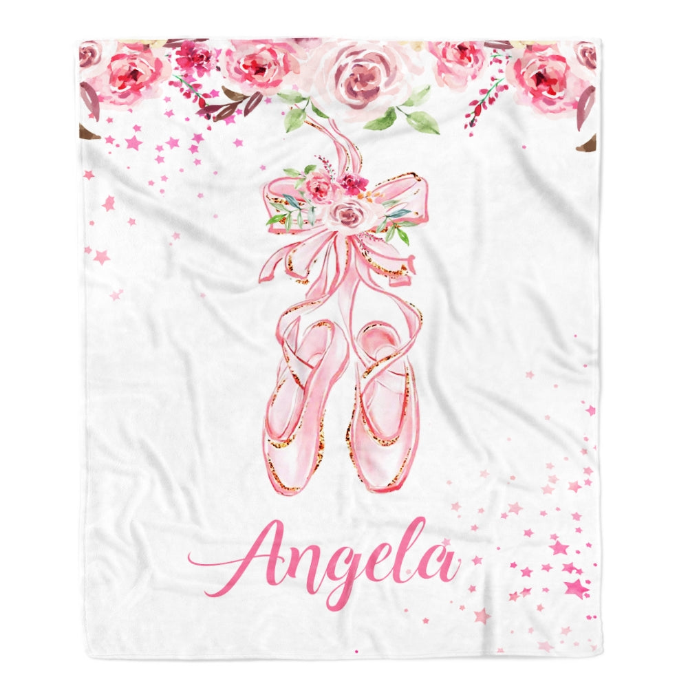 Personalized Pink Ballet Shoes Baby Blanket with Name Custom Baby Nursery Kid Daughter Granddaughter Niece Birthday Customized Christmas Fleece Throw Blanket | siriusteestore