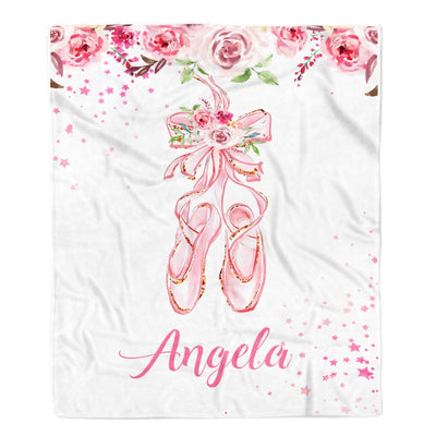 Personalized Pink Ballet Shoes Baby Blanket with Name Custom Baby Nursery Kid Daughter Granddaughter Niece Birthday Customized Christmas Fleece Throw Blanket | siriusteestore