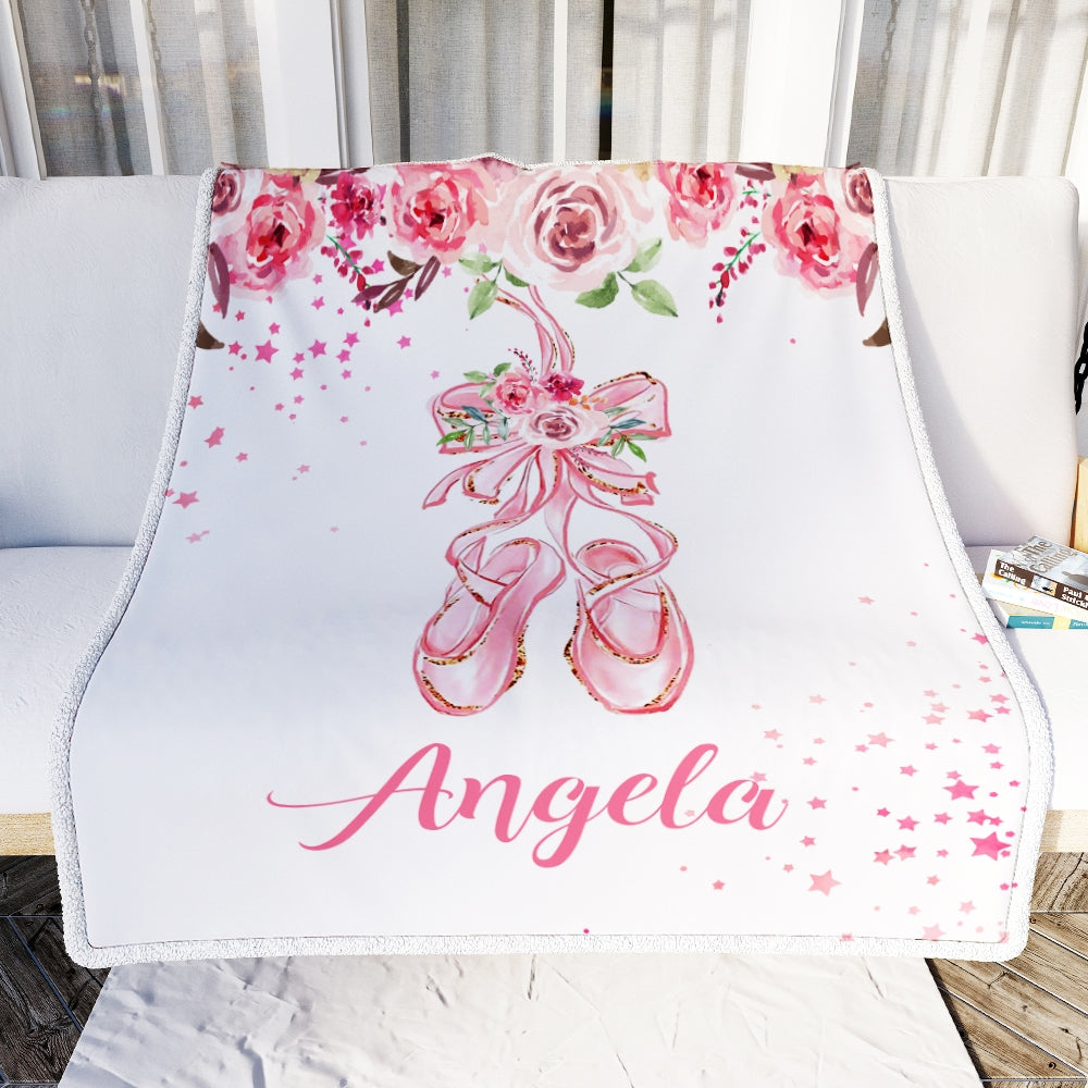 Personalized Pink Ballet Shoes Baby Blanket with Name Custom Baby Nursery Kid Daughter Granddaughter Niece Birthday Customized Christmas Fleece Throw Blanket | siriusteestore