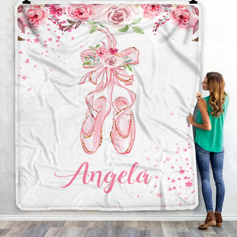 Personalized Pink Ballet Shoes Baby Blanket with Name Custom Baby Nursery Kid Daughter Granddaughter Niece Birthday Customized Christmas Fleece Throw Blanket | siriusteestore