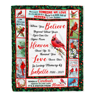 Personalized Red Bird Date Memorial Cardinal Appears in Loving Memory Dad Mom Grandma Grandpa Remembrance Bereavement Customized Bed Fleece Blanket | siriusteestore