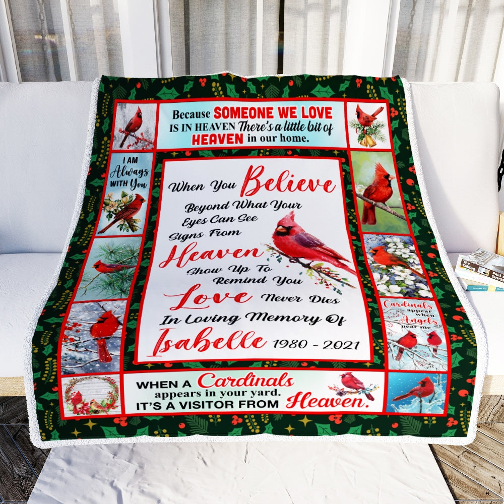 Personalized Red Bird Date Memorial Cardinal Appears in Loving Memory Dad Mom Grandma Grandpa Remembrance Bereavement Customized Bed Fleece Blanket | siriusteestore