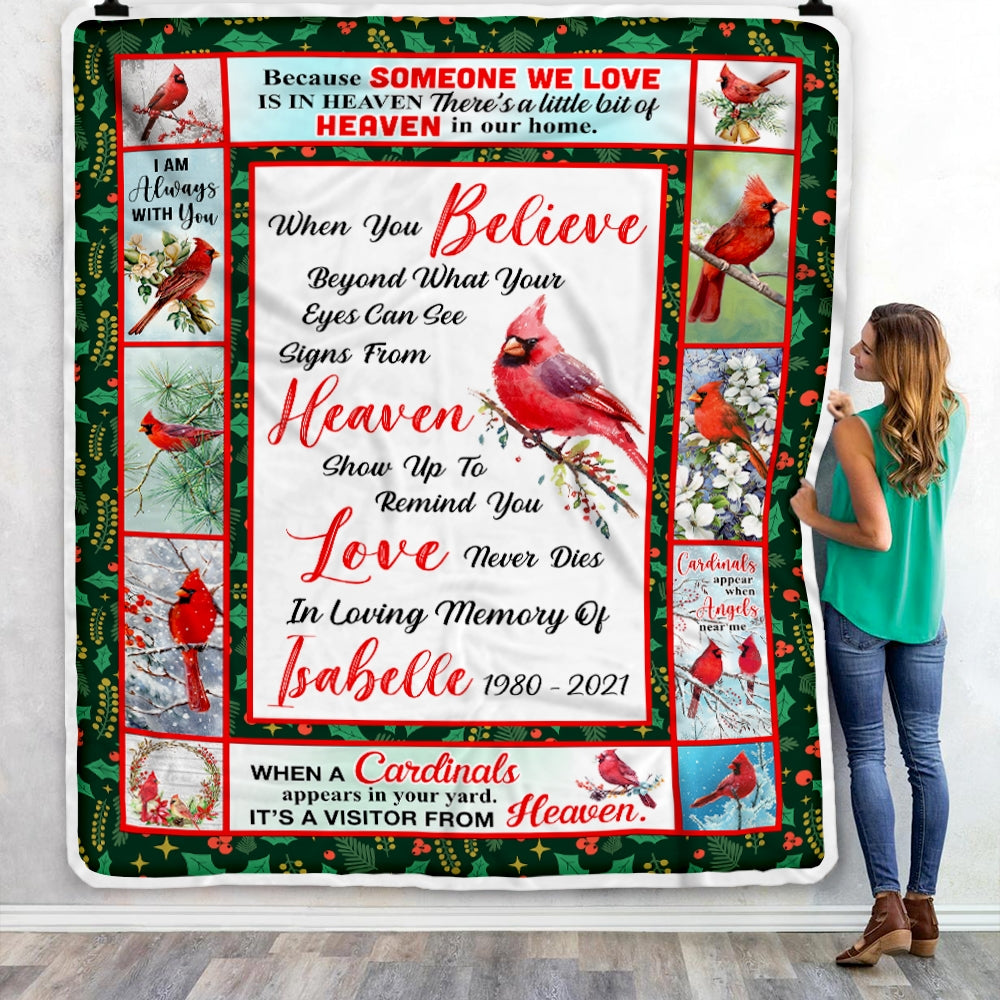 Personalized Red Bird Date Memorial Cardinal Appears in Loving Memory Dad Mom Grandma Grandpa Remembrance Bereavement Customized Bed Fleece Blanket | siriusteestore