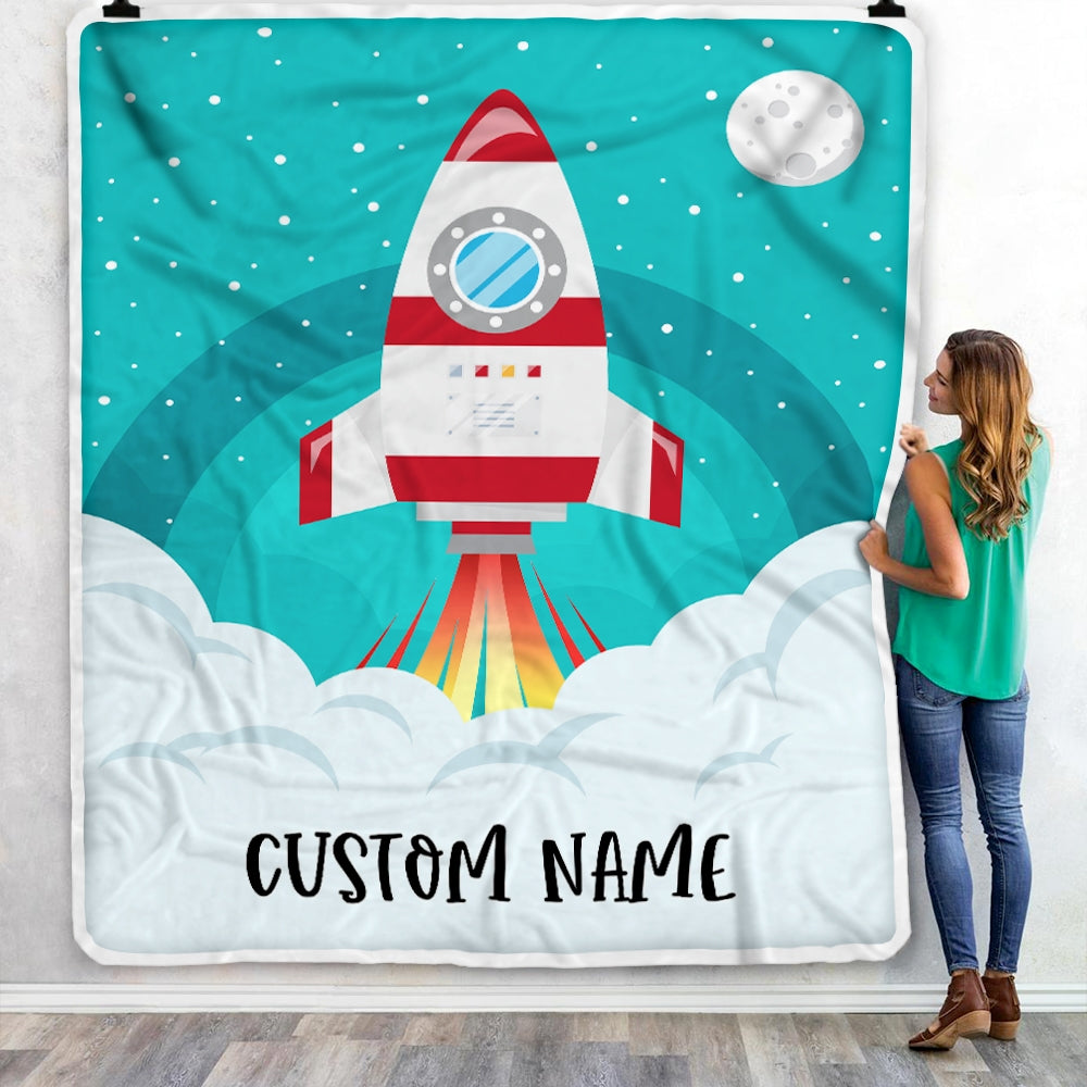 Personalized Rocket Launch Space Baby Blanket with Name Custom Baby Nursery for Boys Girls Son Daughter Grandson Nehpew Birthday Customized Fleece Blanket | siriusteestore