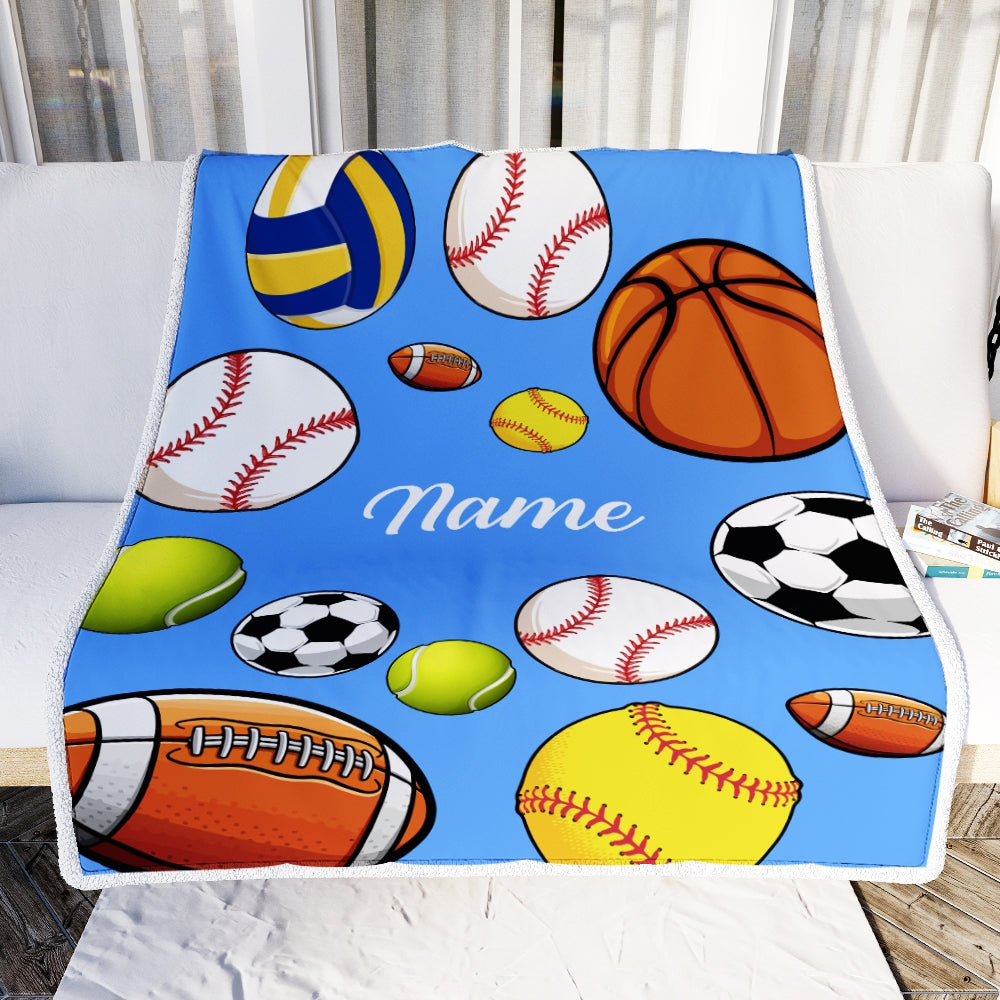 Personalized Sports Ball Baby Blanket with Name Custom Baby Nursery for Boys and Girls Son Grandson Nephew Birthday Customized Fleece Blanket | siriusteestore