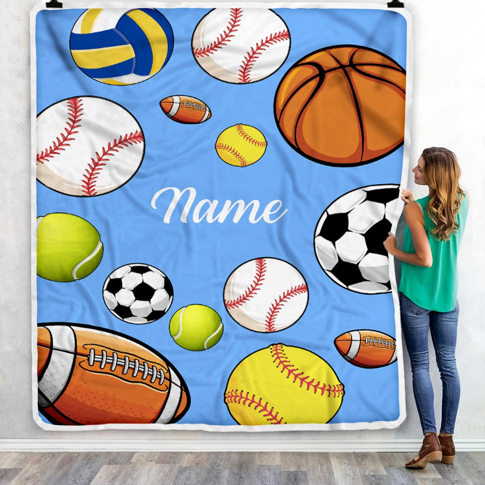 Personalized Sports Ball Baby Blanket with Name Custom Baby Nursery for Boys and Girls Son Grandson Nephew Birthday Customized Fleece Blanket | siriusteestore