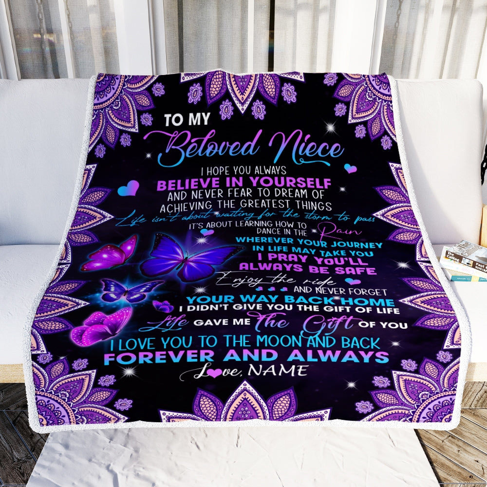 Personalized To Beloved Niece Blanket From Aunt Auntie Uncle I Love You Forever And Always Butterfly Niece Birthday Christmas Customized Fleece Blanket | siriusteestore