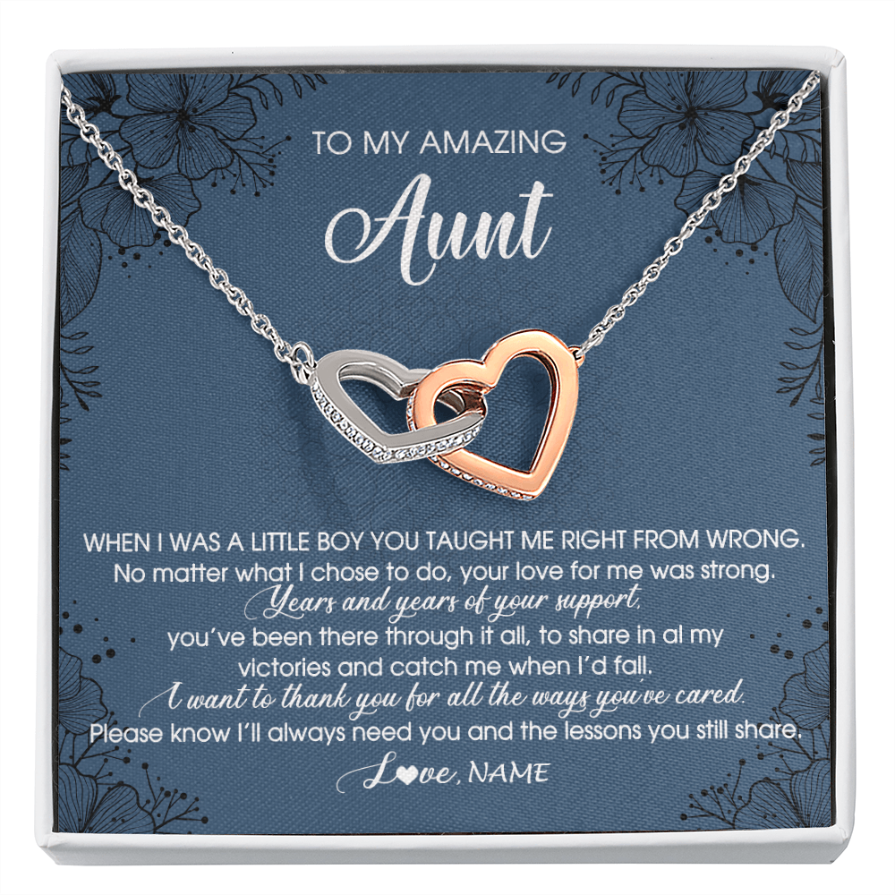 Interlocking Hearts Necklace | Personalized To My Amazing Aunt Necklace From Nephew Little Boy You Taught Me Right Mom Birthday Mothers Day Christmas Jewelry Customized Gift Box Message Card | siriusteestore
