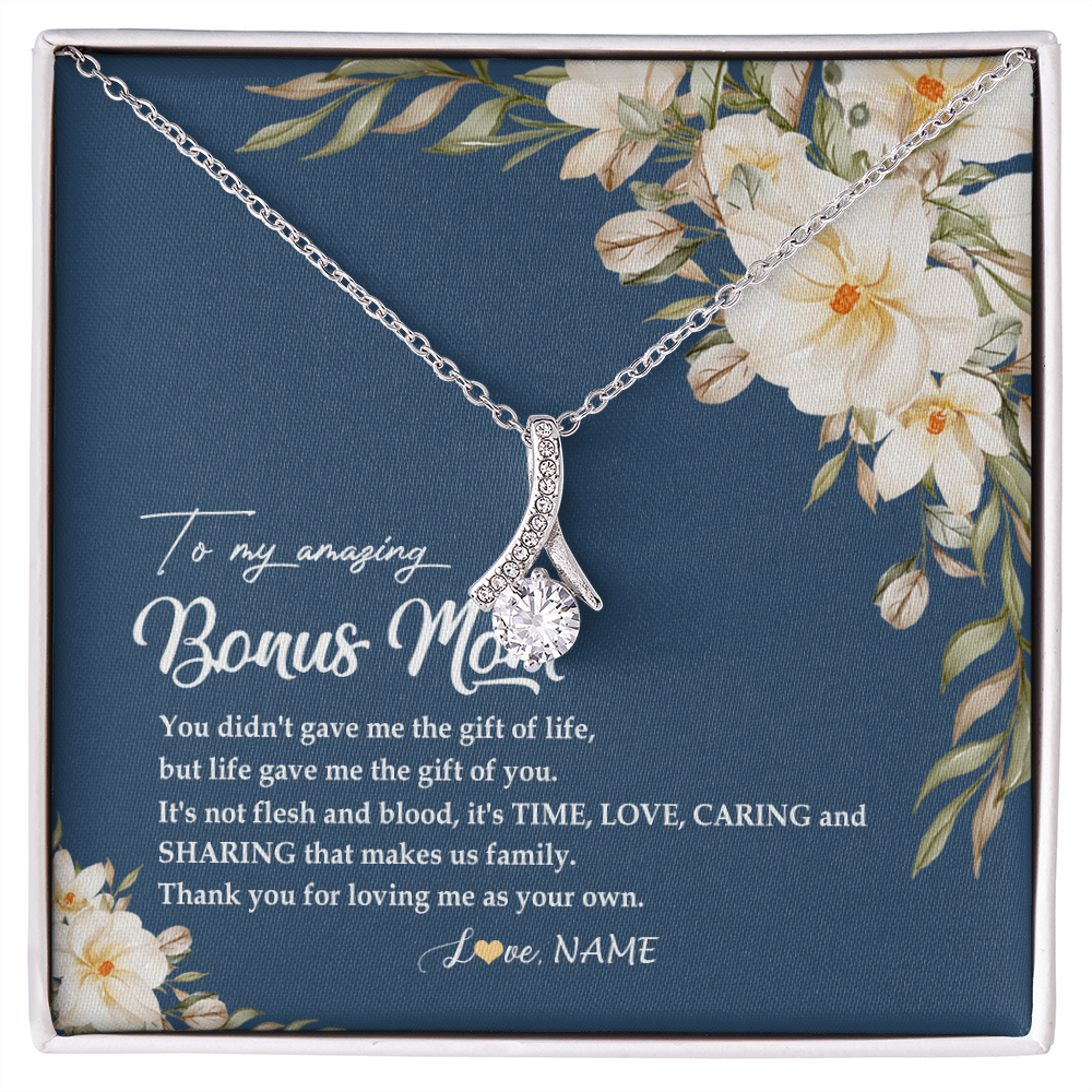 Alluring Beauty Necklace | Personalized To My Amazing Bonus Mom Necklace from Daughter Thank You Step Mom Jewelry Birthday Mothers Day Thanksgiving Christmas Customized Message Card | siriusteestore