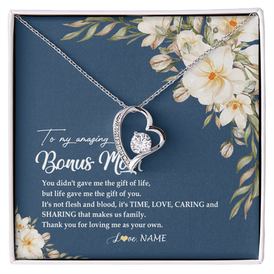 Forever Love Necklace | Personalized To My Amazing Bonus Mom Necklace from Daughter Thank You Step Mom Jewelry Birthday Mothers Day Thanksgiving Christmas Customized Message Card | siriusteestore