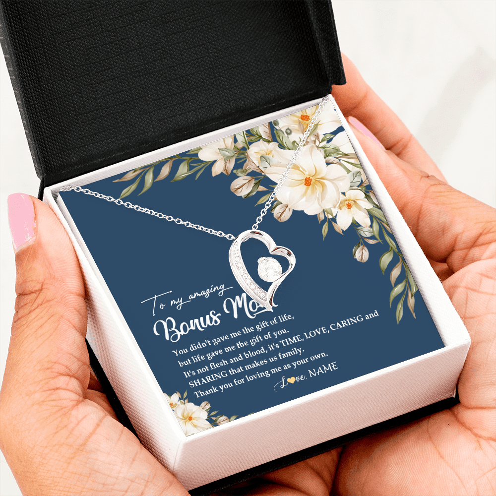 Forever Love Necklace | Personalized To My Amazing Bonus Mom Necklace from Daughter Thank You Step Mom Jewelry Birthday Mothers Day Thanksgiving Christmas Customized Message Card | siriusteestore
