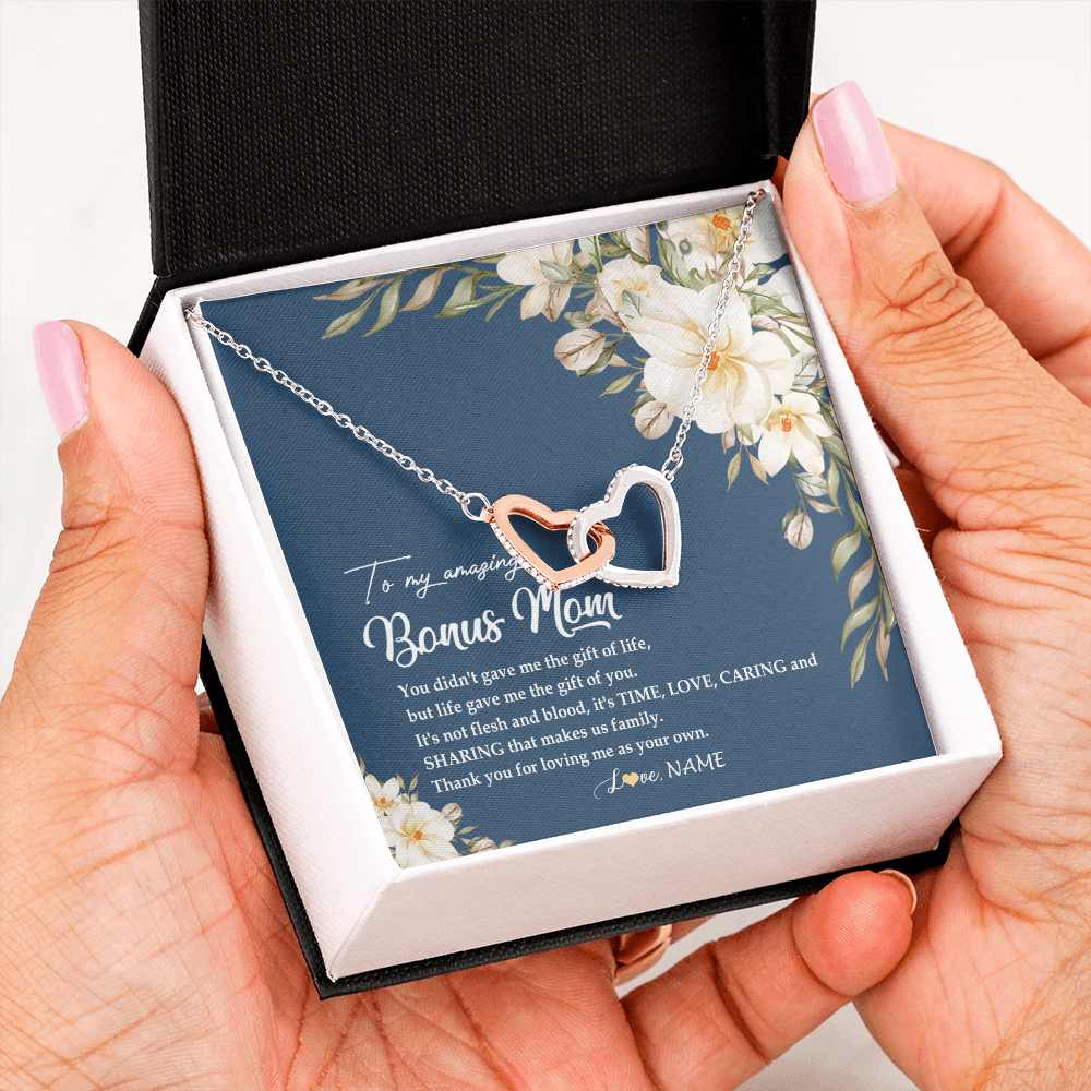 Interlocking Hearts Necklace | Personalized To My Amazing Bonus Mom Necklace from Daughter Thank You Step Mom Jewelry Birthday Mothers Day Thanksgiving Christmas Customized Message Card | siriusteestore