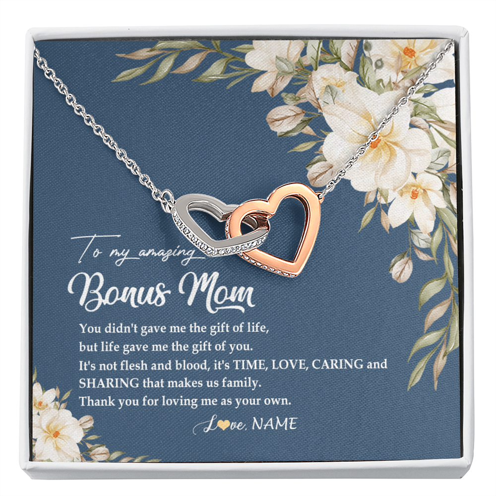 Interlocking Hearts Necklace | Personalized To My Amazing Bonus Mom Necklace from Daughter Thank You Step Mom Jewelry Birthday Mothers Day Thanksgiving Christmas Customized Message Card | siriusteestore