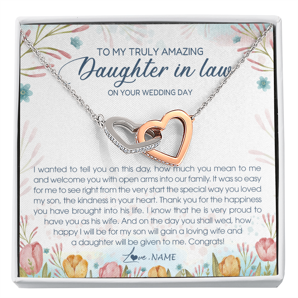 Interlocking Hearts Necklace | Personalized To My Amazing Daughter In Law Necklace from Mother In Law Daughter In Law On Your Wedding Day Bride Jewelry Customized Gift Box Message Card | siriusteestore
