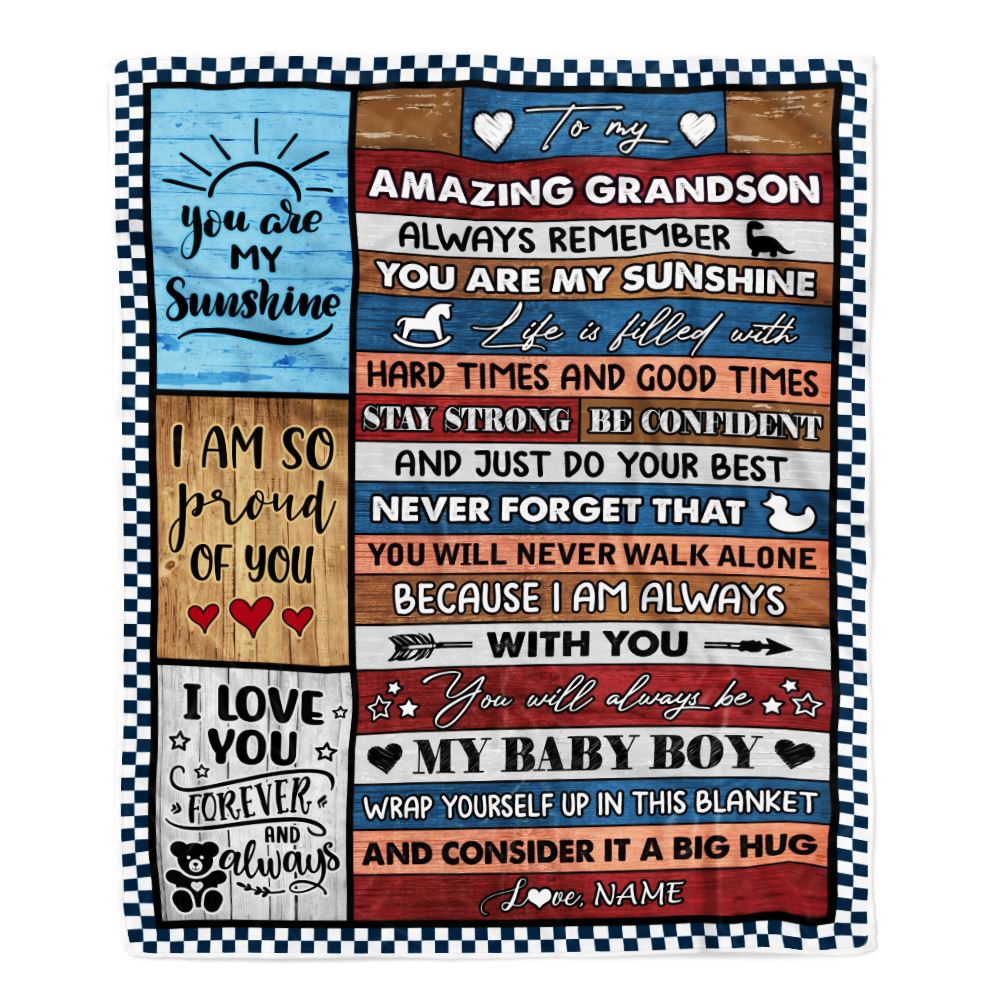 Personalized To My Amazing Grandson Blanket From Grandma Grandpa Wood It A Big Hug Grandson Birthday Graduation Christmas Customized Bed Fleece Throw Blanket | siriusteestore