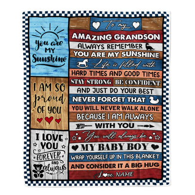 Personalized To My Amazing Grandson Blanket From Grandma Grandpa Wood It A Big Hug Grandson Birthday Graduation Christmas Customized Bed Fleece Throw Blanket | siriusteestore