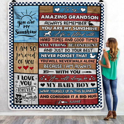 Personalized To My Amazing Grandson Blanket From Grandma Grandpa Wood It A Big Hug Grandson Birthday Graduation Christmas Customized Bed Fleece Throw Blanket | siriusteestore