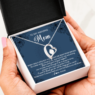 Forever Love Necklace | Personalized To My Amazing Mom Necklace From Son Little Boy You Taught Me Right Mom Birthday Mothers Day Christmas Pendant Jewelry Customized Box Message Card | siriusteestore
