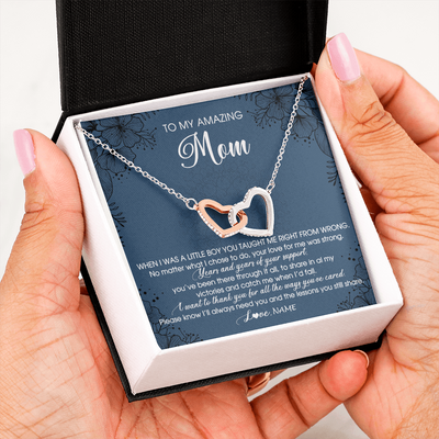 Interlocking Hearts Necklace | Personalized To My Amazing Mom Necklace From Son Little Boy You Taught Me Right Mom Birthday Mothers Day Christmas Pendant Jewelry Customized Box Message Card | siriusteestore