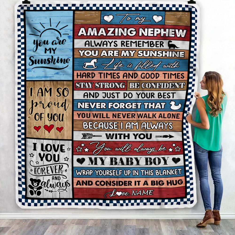 Personalized To My Amazing Nephew Blanket From Aunt Uncle Aunt Wood It A Big Hug Nephew Birthday Graduation Christmas Customized Bed Fleece Throw Blanket | siriusteestore