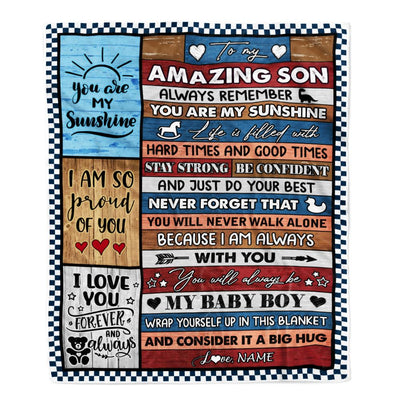Personalized To My Amazing Son Blanket From Mom Dad Mother Wood It A Big Hug Son Birthday Graduation Christmas Customized Bed Fleece Throw Blanket | siriusteestore