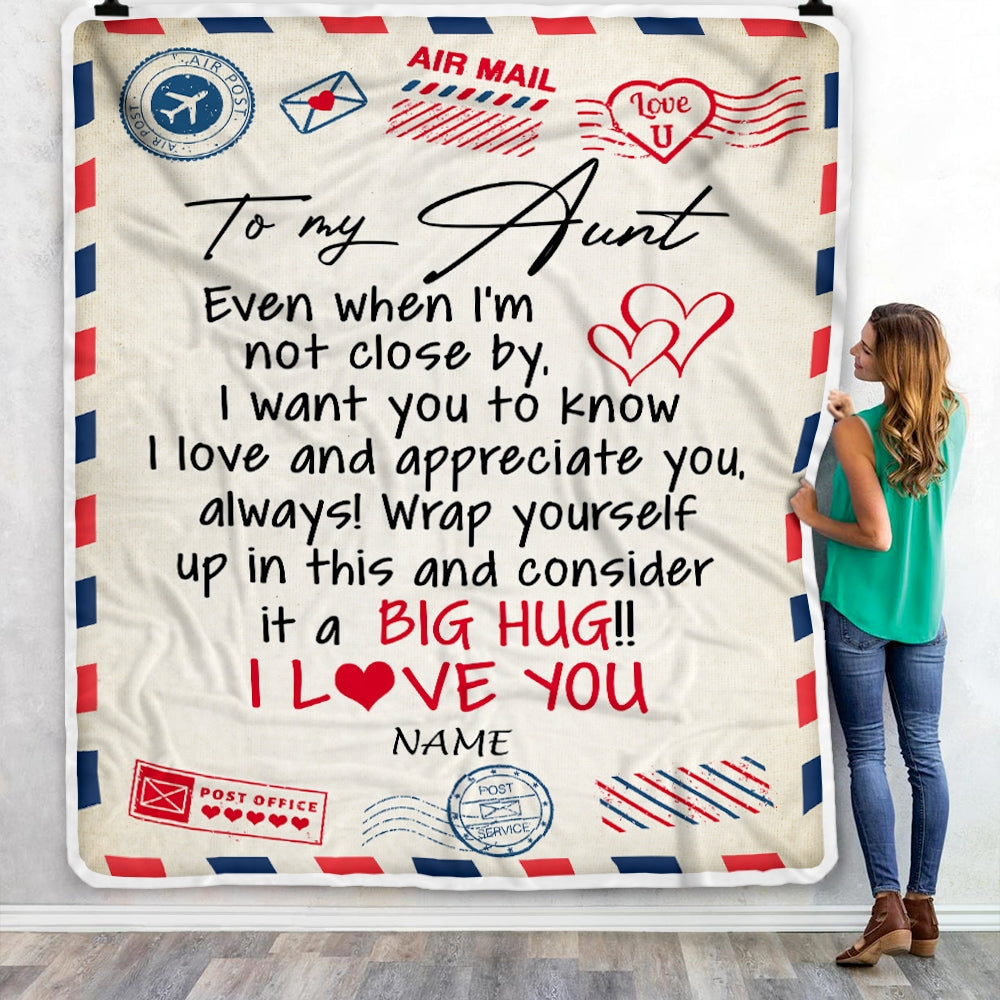 Personalized To My Aunt Blanket From Nephew Niece I Love You Hugs Air Mail Letter Birthday Mothers Day Christmas Thanksgiving Customized Fleece Blanket | siriusteestore