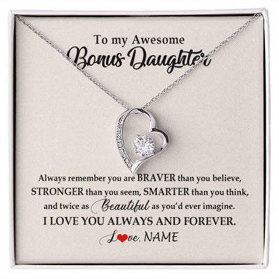 Forever Love Necklace | Personalized To My Awesome Bonus Daughter Necklace From Stepmom I Love You Always And Forever Stepdaughter Birthday Christmas Customized Gift Box Message Card | siriusteestore