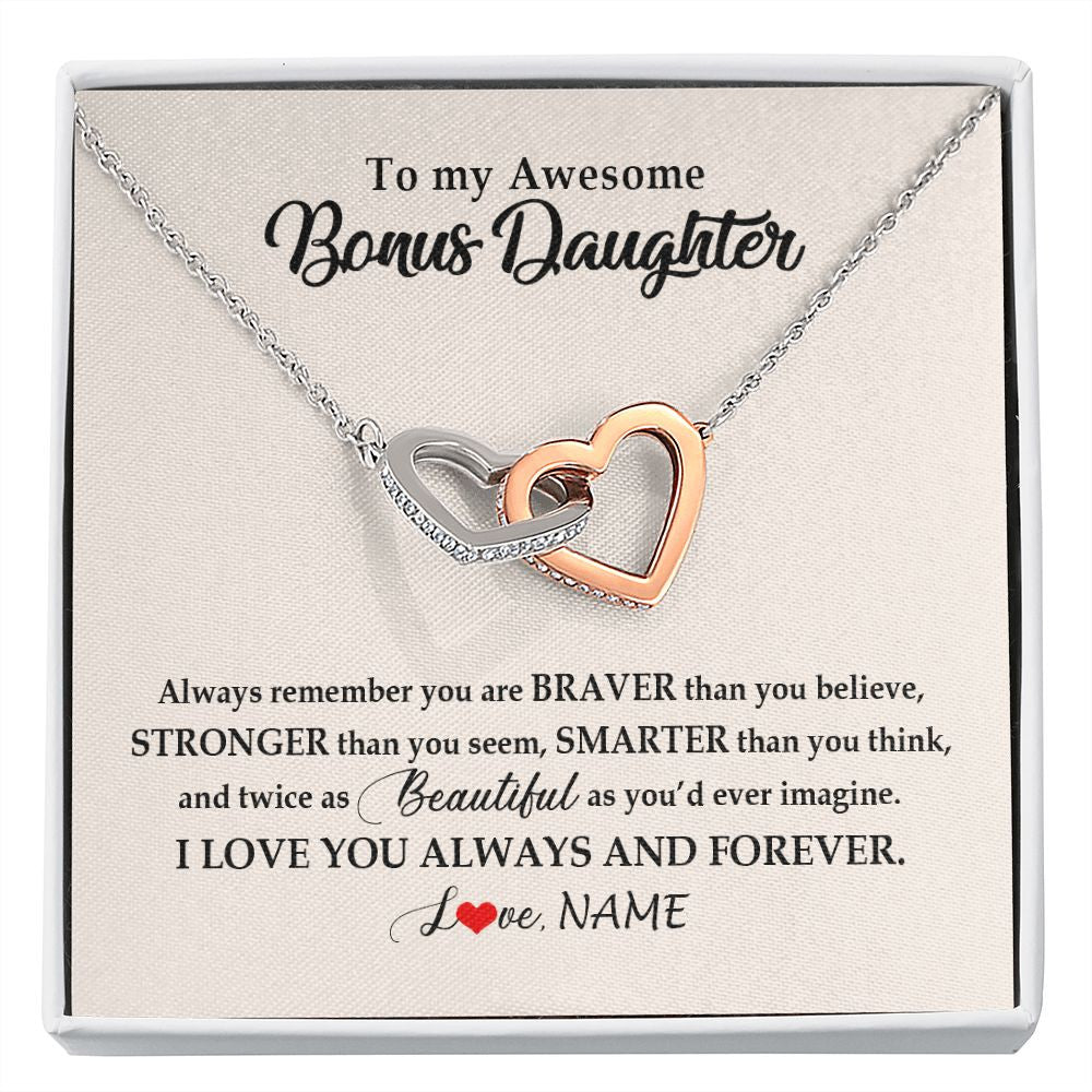 Interlocking Hearts Necklace | Personalized To My Awesome Bonus Daughter Necklace From Stepmom I Love You Always And Forever Stepdaughter Birthday Christmas Customized Gift Box Message Card | siriusteestore