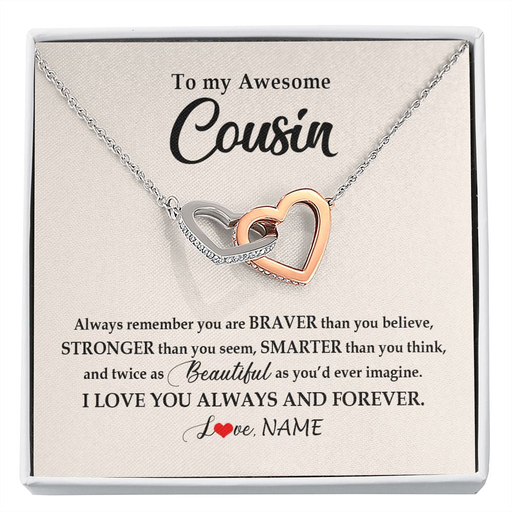 Interlocking Hearts Necklace | Personalized To My Awesome Cousin Necklace From Family I Love You Always And Forever Cousin Jewelry Birthday Christmas Customized Gift Box Message Card | siriusteestore