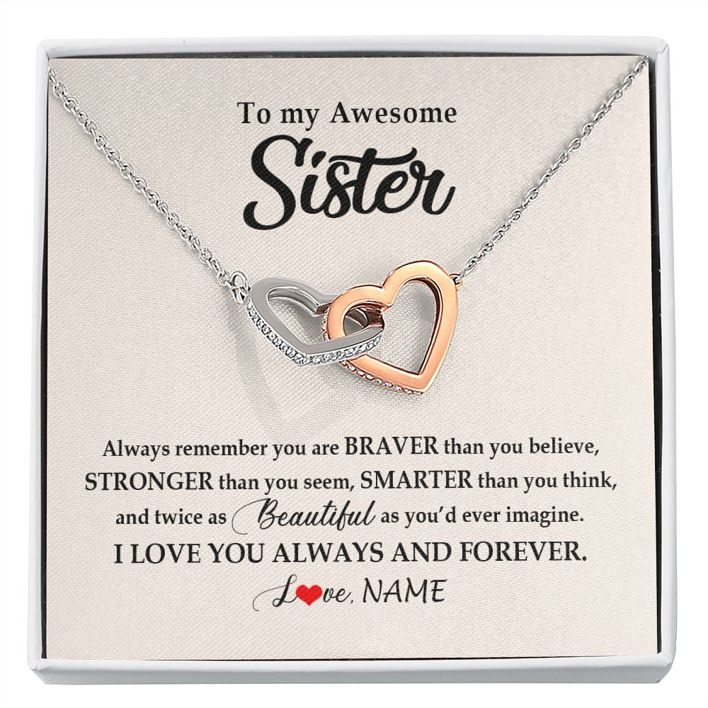 Interlocking Hearts Necklace | Personalized To My Awesome Sister Necklace From Sister Brother I Love You Always And Forever Sister Birthday Christmas Jewelry Customized Gift Box Message Card | siriusteestore