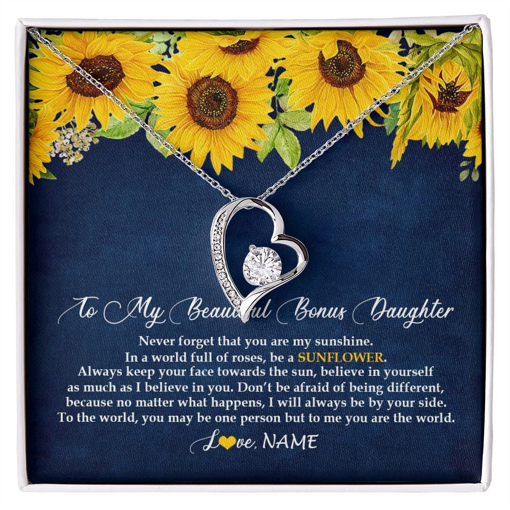 Forever Love Necklace | Personalized To My Beautiful Bonus Daughter Necklace From Mom Be A Sunflower My Sunshine Stepdaughter Birthday Christmas Customized Gift Box Message Card | siriusteestore