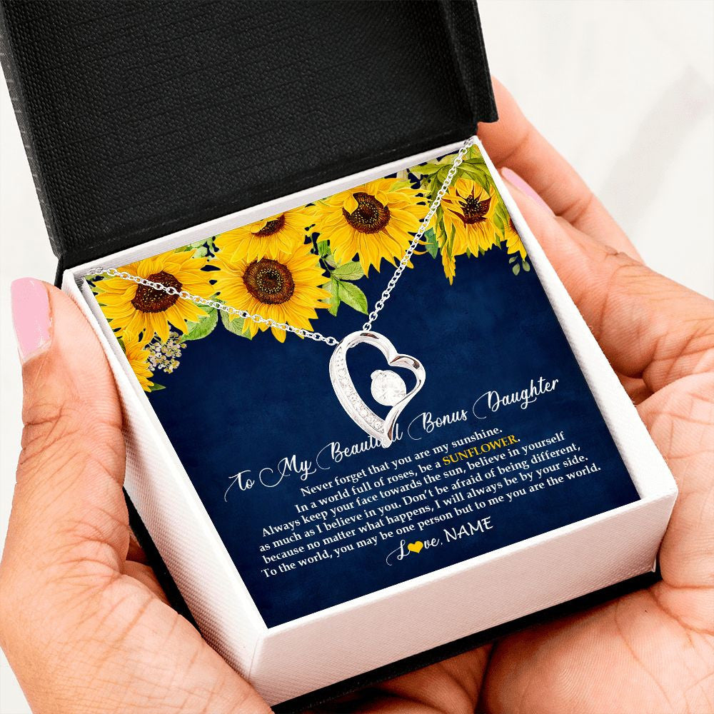 Forever Love Necklace | Personalized To My Beautiful Bonus Daughter Necklace From Mom Be A Sunflower My Sunshine Stepdaughter Birthday Christmas Customized Gift Box Message Card | siriusteestore