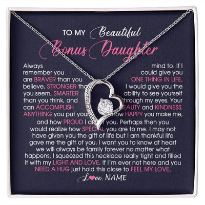 Forever Love Necklace | Personalized To My Beautiful Bonus Daughter Necklace From Stepmom Feel My Love Stepdaughter Birthday Christmas Graduation Customized Gift Box Message Card | siriusteestore