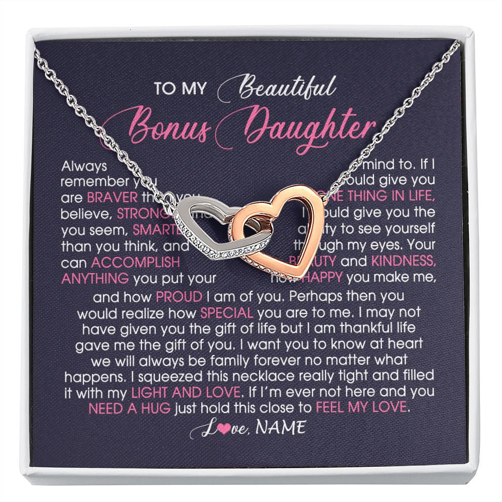 Interlocking Hearts Necklace | Personalized To My Beautiful Bonus Daughter Necklace From Stepmom Feel My Love Stepdaughter Birthday Christmas Graduation Customized Gift Box Message Card | siriusteestore