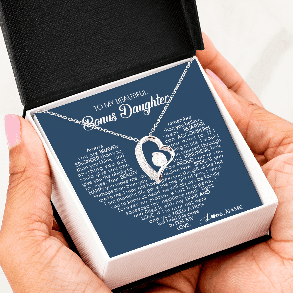 Forever Love Necklace | Personalized To My Beautiful Bonus Daughter Necklace Need A Hug Just Hold This Stepdaughter Pendant Jewelry Birthday Christmas Customized Gift Box Message Card | siriusteestore