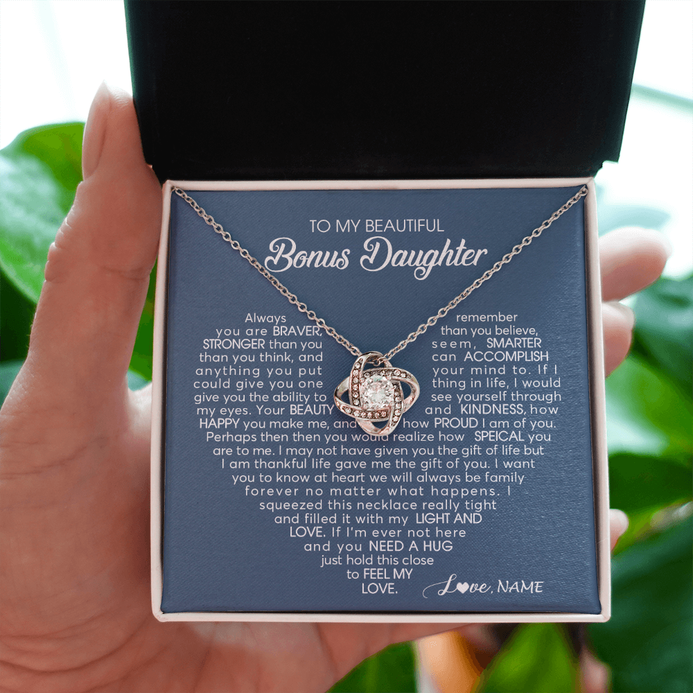 Love Knot Necklace | Personalized To My Beautiful Bonus Daughter Necklace Need A Hug Just Hold This Stepdaughter Pendant Jewelry Birthday Christmas Customized Gift Box Message Card | siriusteestore