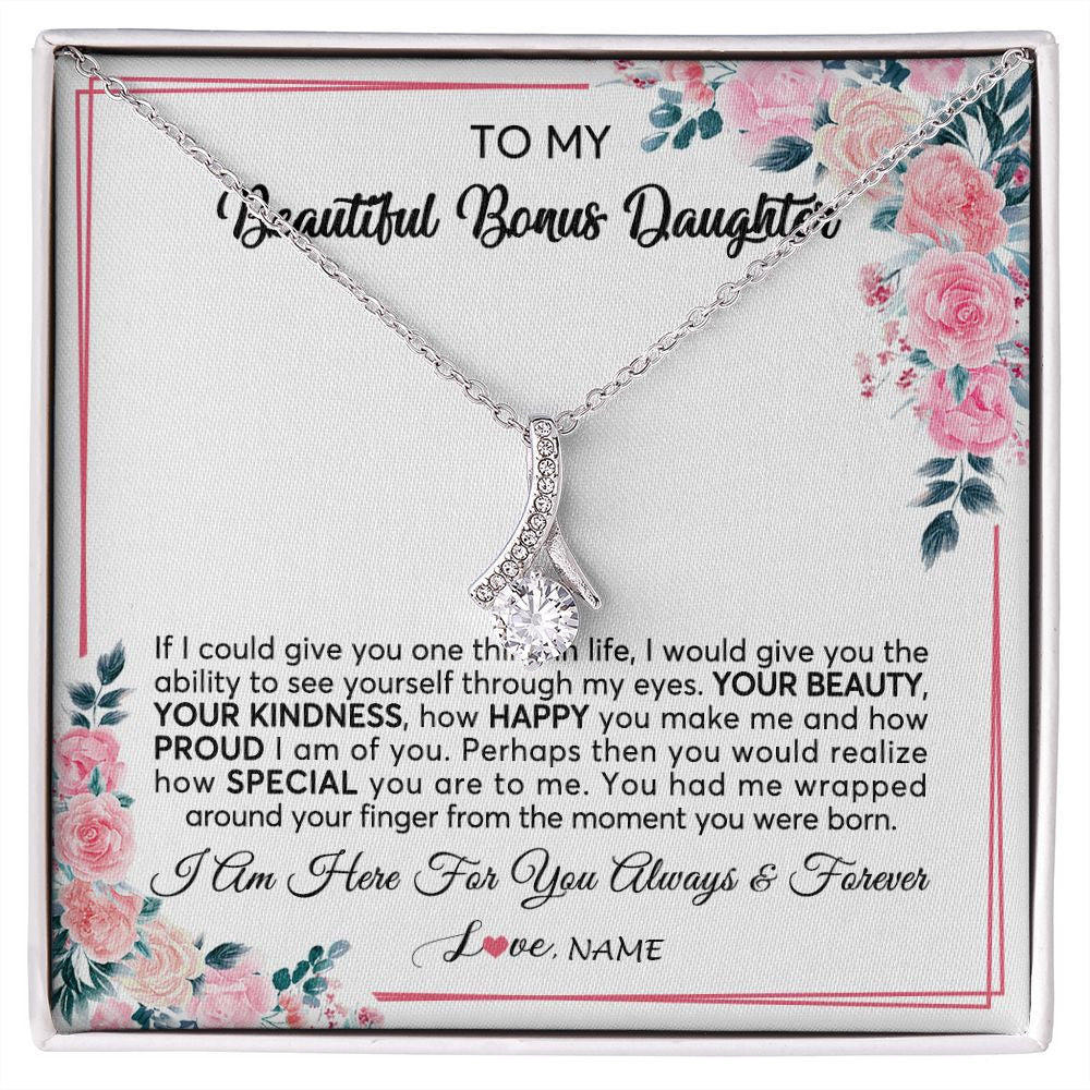 Alluring Beauty Necklace | Personalized To My Beautiful Bonus Daughter Necklace from Stepmother I Am Here For You Floral Stepdaughter Birthday Christmas Customized Gift Box Message Card | siriusteestore