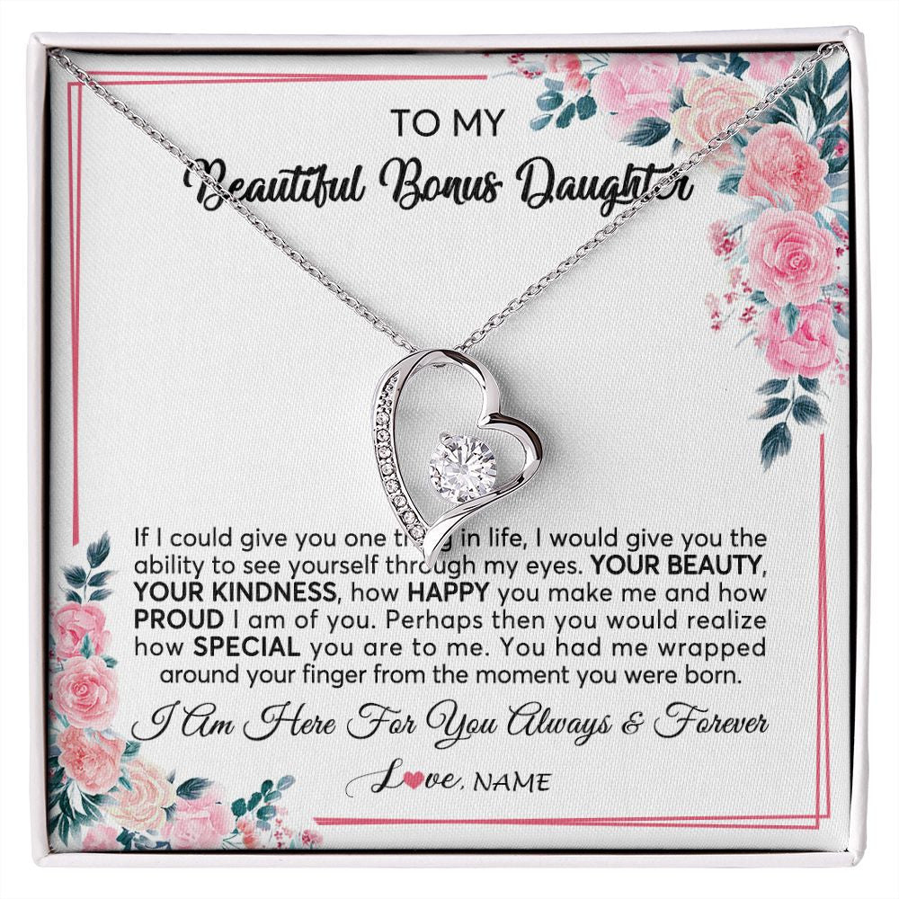Forever Love Necklace | Personalized To My Beautiful Bonus Daughter Necklace from Stepmother I Am Here For You Floral Stepdaughter Birthday Christmas Customized Gift Box Message Card | siriusteestore