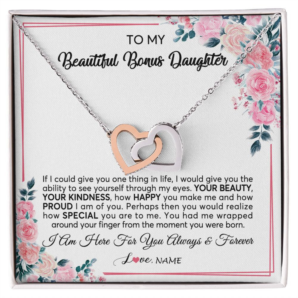 Interlocking Hearts Necklace | Personalized To My Beautiful Bonus Daughter Necklace from Stepmother I Am Here For You Floral Stepdaughter Birthday Christmas Customized Gift Box Message Card | siriusteestore