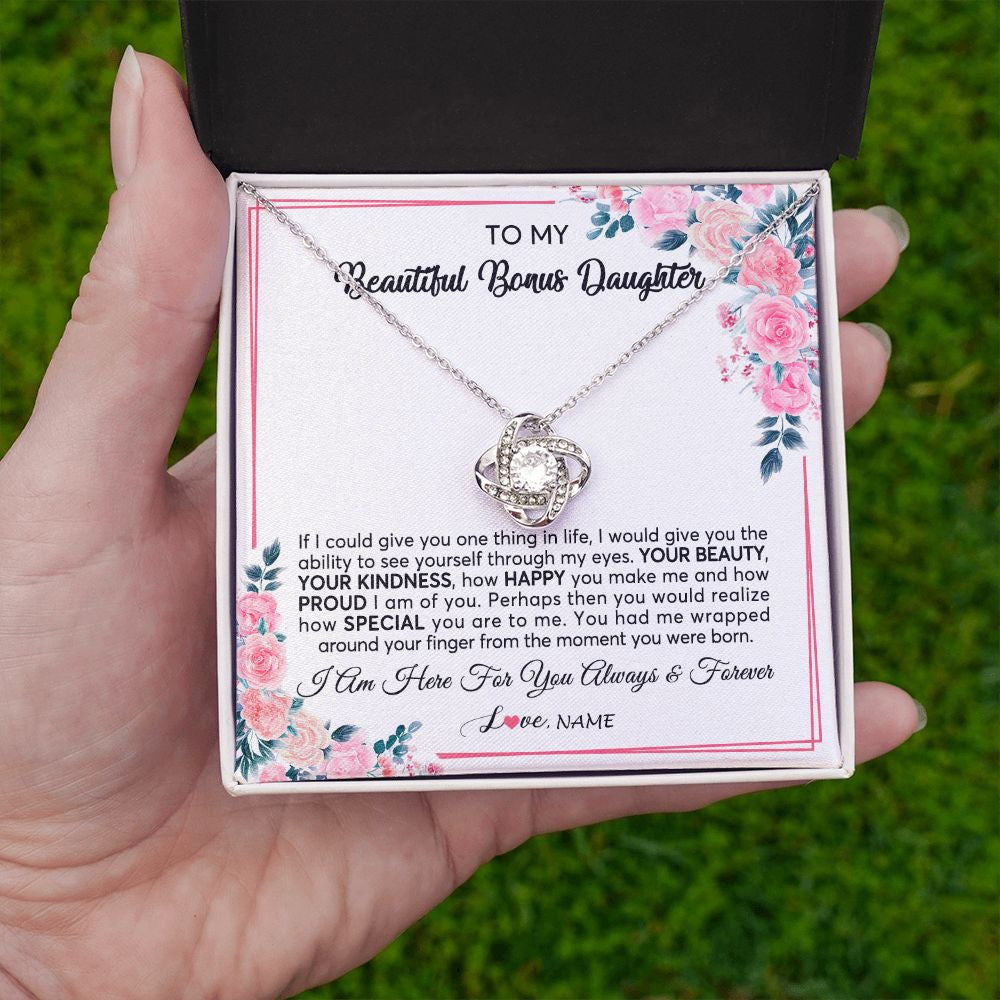 Love Knot Necklace | Personalized To My Beautiful Bonus Daughter Necklace from Stepmother I Am Here For You Floral Stepdaughter Birthday Christmas Customized Gift Box Message Card | siriusteestore