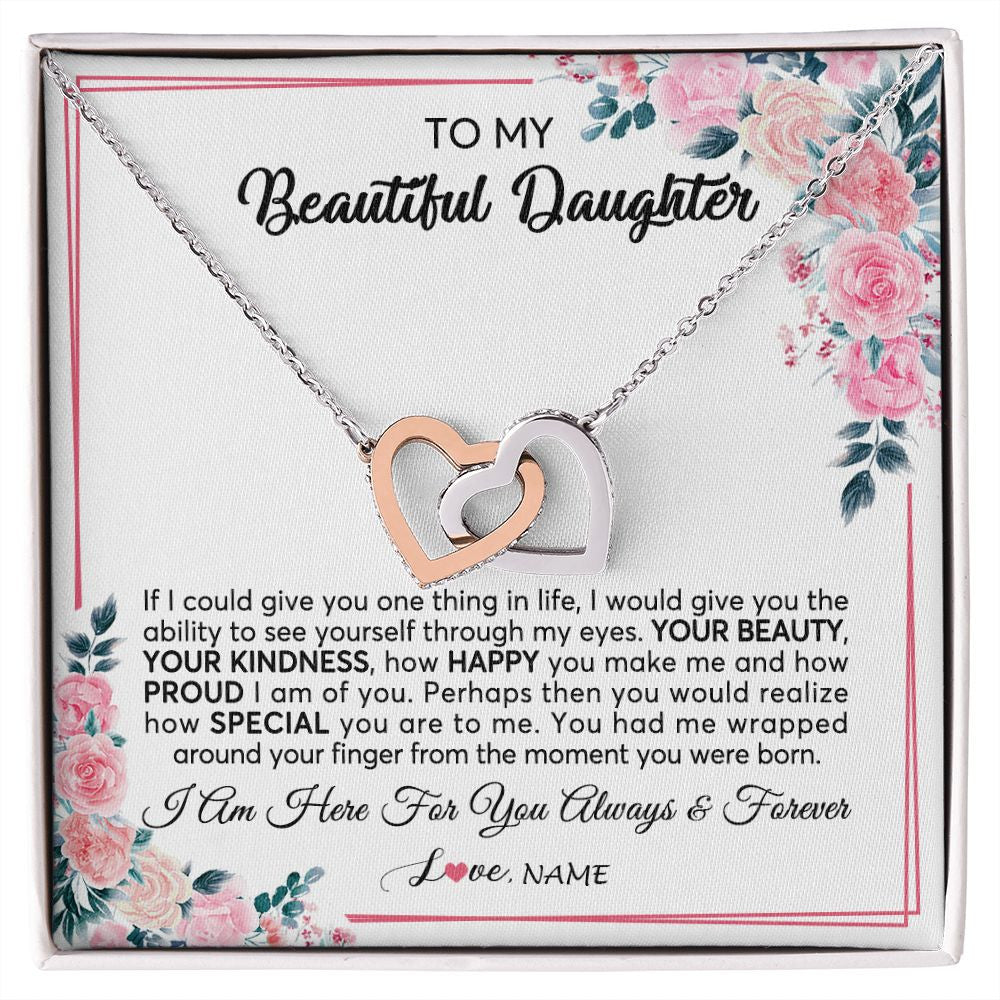 Interlocking Hearts Necklace | Personalized To My Beautiful Daughter Necklace from Mom Dad I Am Here For You Floral Daughter Birthday Graduation Christmas Customized Gift Box Message Card | siriusteestore