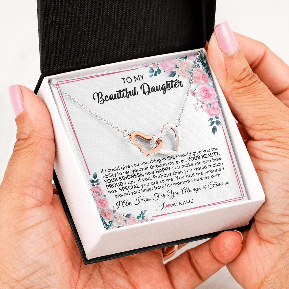 Interlocking Hearts Necklace | Personalized To My Beautiful Daughter Necklace from Mom Dad I Am Here For You Floral Daughter Birthday Graduation Christmas Customized Gift Box Message Card | siriusteestore