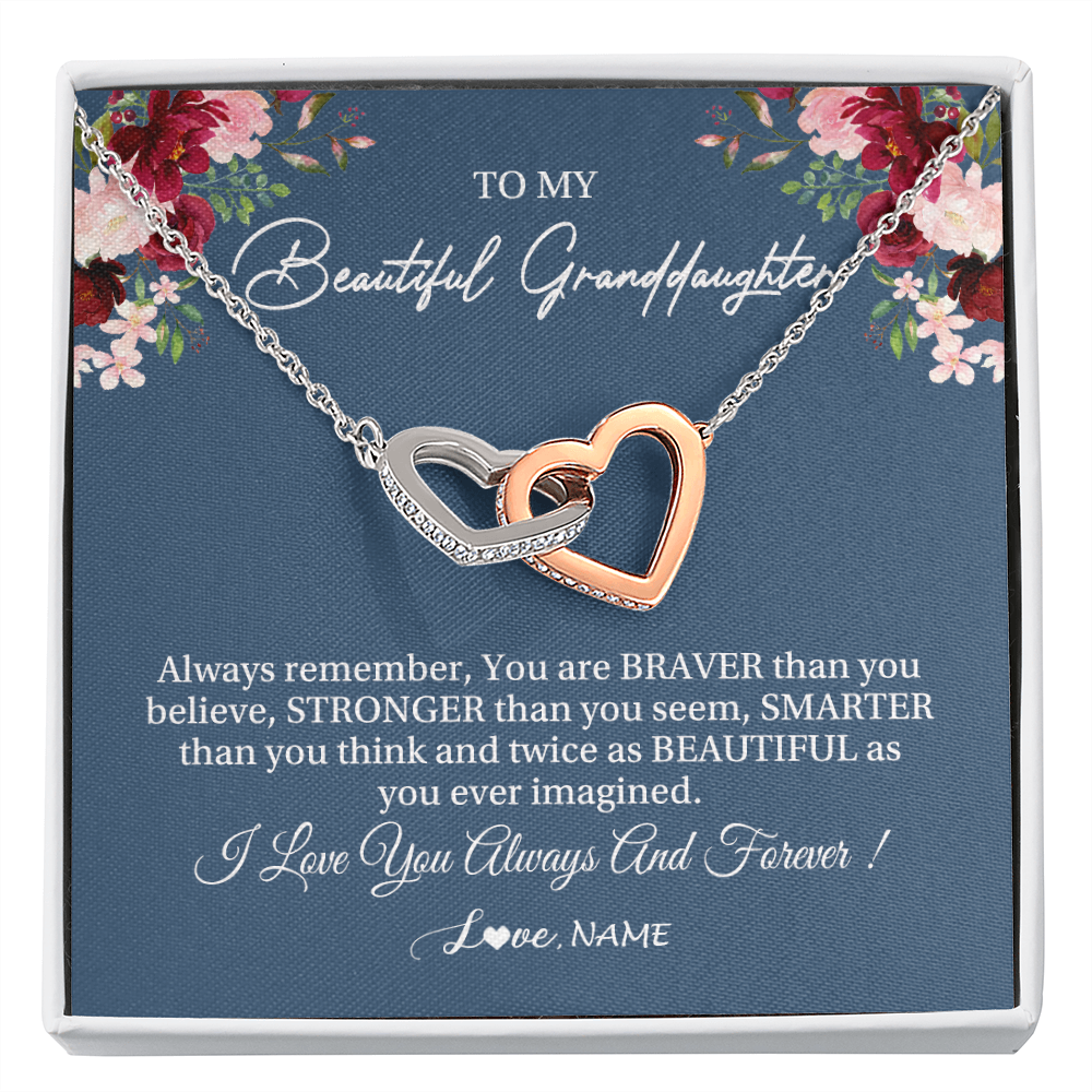 Interlocking Hearts Necklace | Personalized To My Beautiful Granddaughter Necklace From Grandma Braver Stronger Smarter Granddaughter Jewelry Birthday Christmas Customized Message Card | siriusteestore