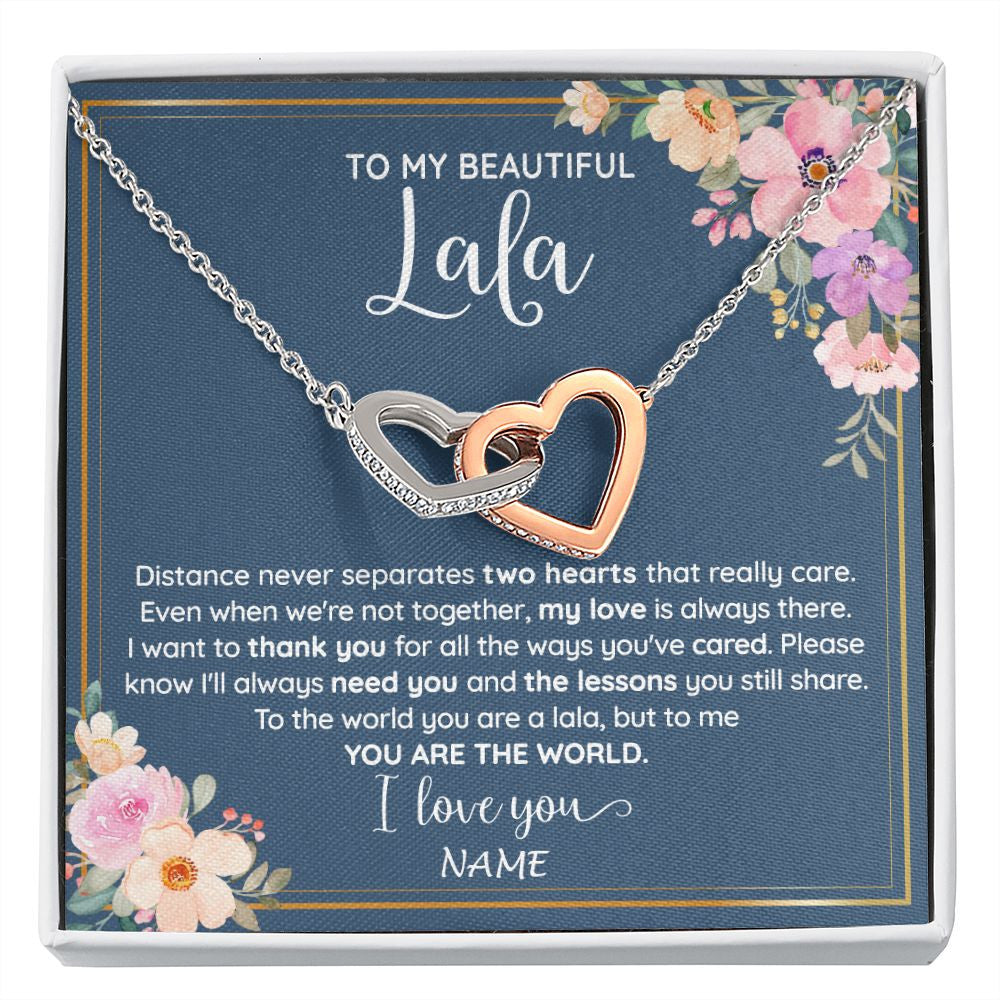 Interlocking Hearts Necklace | Personalized To My Beautiful Lala Necklace From Grandkids Granddaughter You Are The World Lala Birthday Mothers Day Christmas Customized Gift Box Message Card | siriusteestore